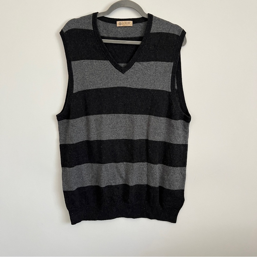J Crew Cashmere Blend V-Neck Vest Men’s L Gray Striped Casual Classic Sweater